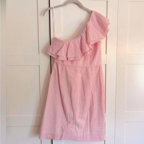 J. Crew, pink and white striped, one shoulder, seersucker dress, size 6 - Picture 3 of 8